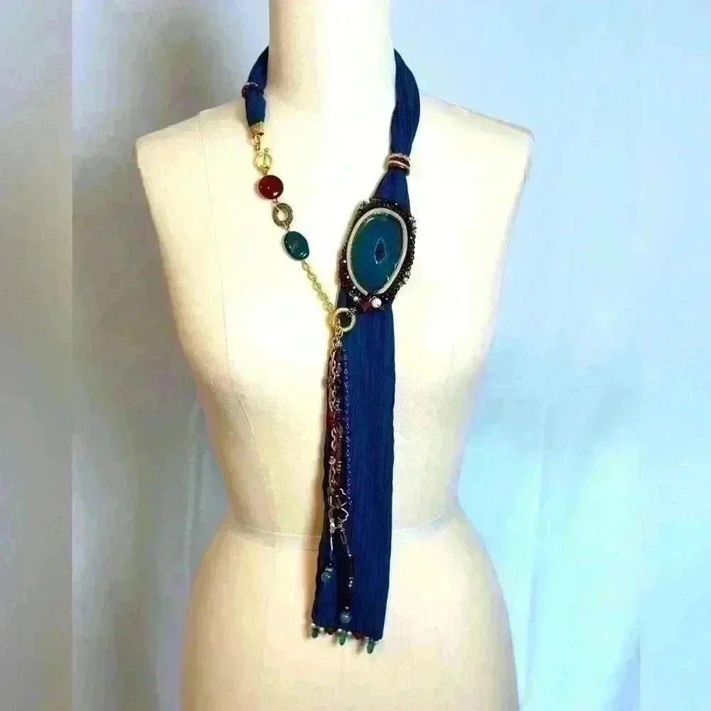 Vintage Stunning Handmade Agate Blue Polish Stone Scarf Necklace